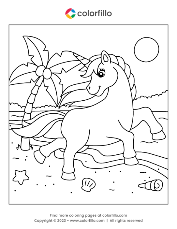 Beach Unicorn Coloring Page