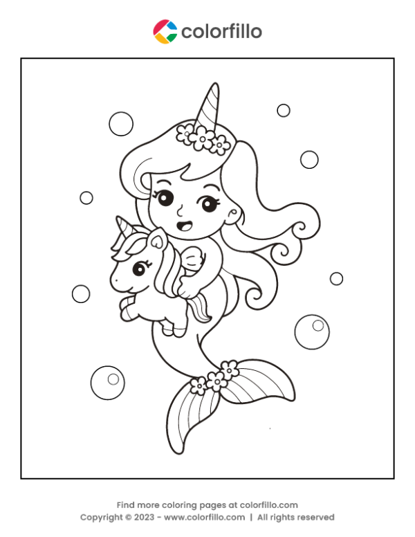 Mermaid Holding Unicorn Coloring Page