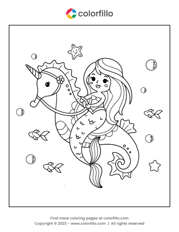Mermaid Riding a Seahorse Coloring Page