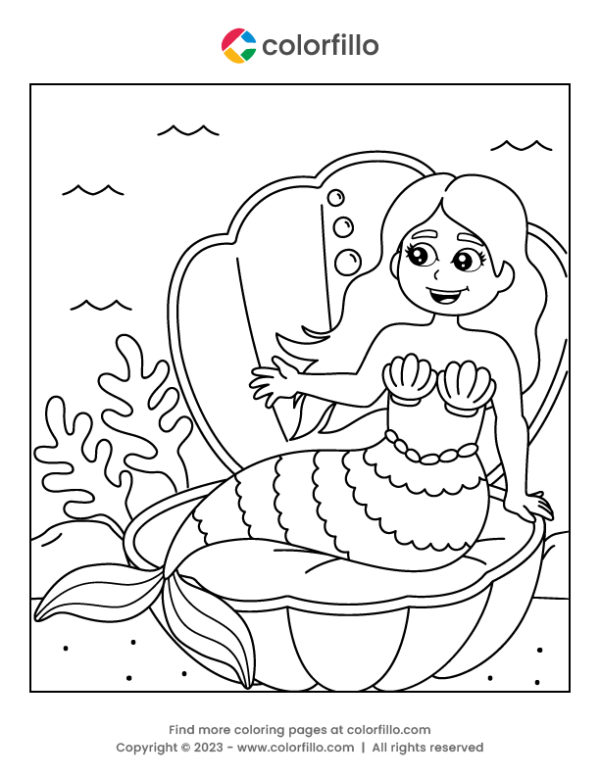 Mermaid Sitting in a Shell Coloring Page