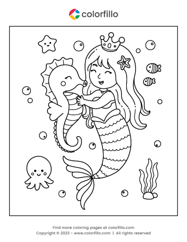 Mermaid and Seahorse Coloring Page