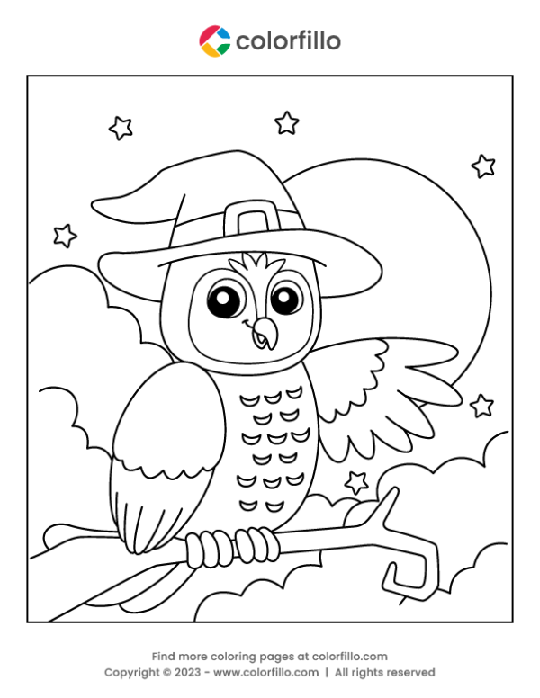 Owl Witch Hat Halloween Coloring Page