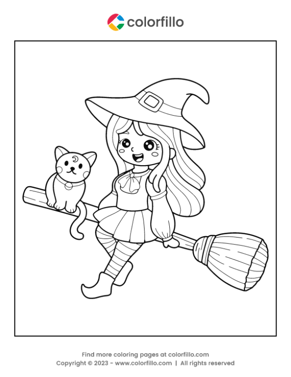 Witch Cat Halloween Coloring Page